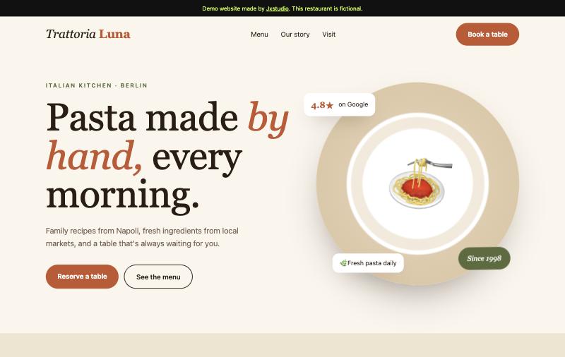 Screenshot of the Trattoria Luna restaurant website